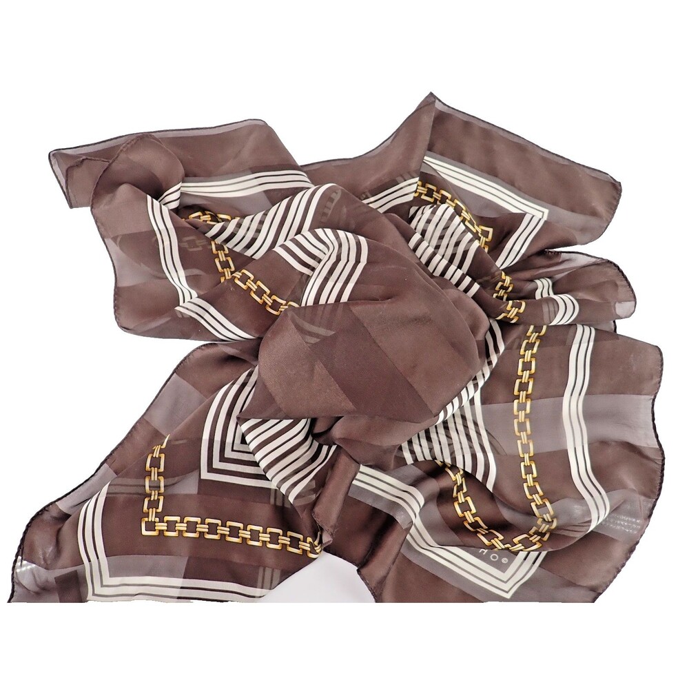 Echo Silk Scarf Brown Gold Chain White Stripe MCM Pattern 35" x 33" Mid Century